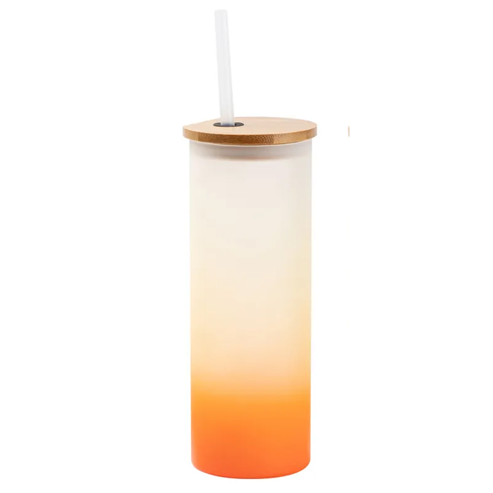 Gradient Frosted Glass Tumbler w/ with Straw & Bamboo Lid 17 oz