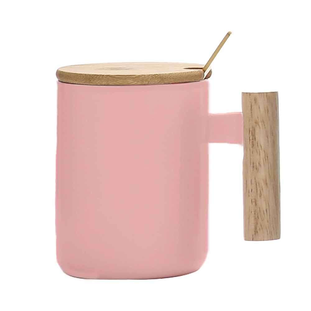 Nordic Ceramic Coffee Mug with Lid, Spoon and Polished Wooden Handle - 13.5 oz