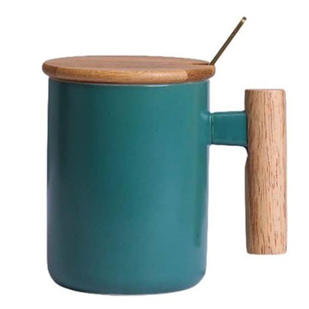 Nordic Ceramic Coffee Mug with Lid, Spoon and Polished Wooden Handle - 13.5 oz