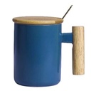 Nordic Ceramic Coffee Mug with Lid, Spoon and Polished Wooden Handle - 13.5 oz