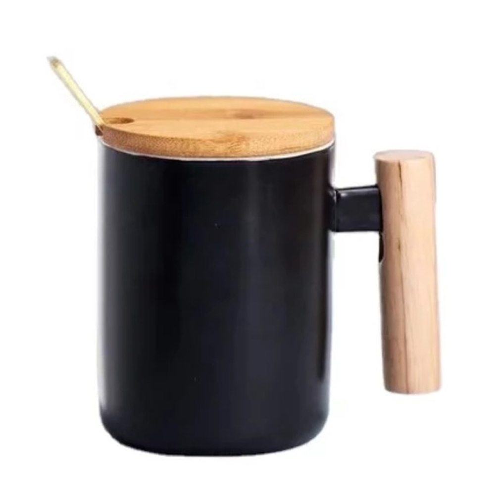 Nordic Ceramic Coffee Mug with Lid, Spoon and Polished Wooden Handle - 13.5 oz