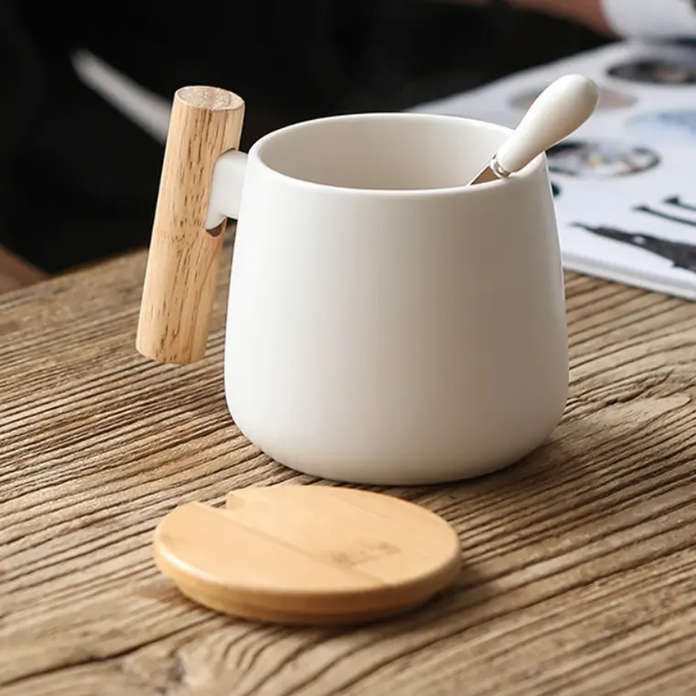 Woodland Mug  - Porcelain Mug with Bamboo Lid, Spoon and Wooden Handle - 12oz