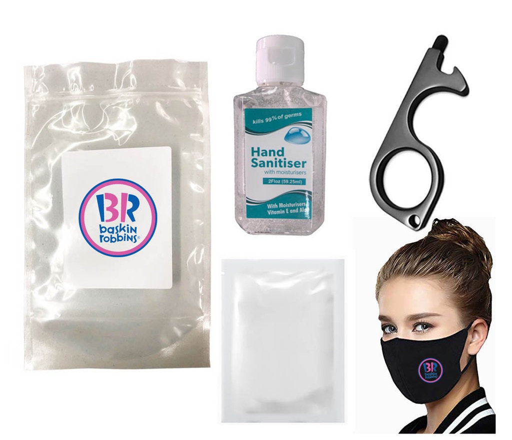 PPE Kit - 4 Layer Reusable Mask w/ Fliter, 2 oz Hand Sanitizer, Germ Key Stylus, 2 Alcohol Wipes. CV3093