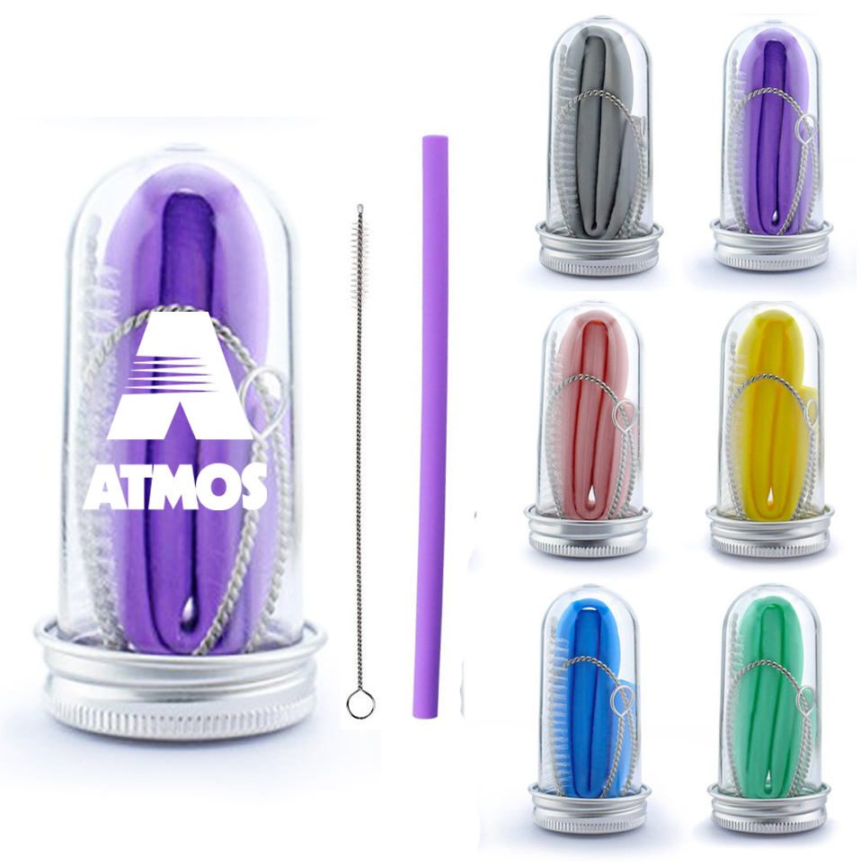 Collapsible Silicone Straw Set W/ Brush. Comes In Modern Transparent Tube W/ Lid. SS4182