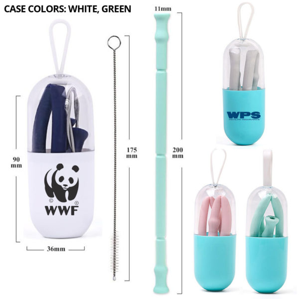 Collapsible Silicone Straw Set W/ Brush. Comes In Trendy Capsule Case. SS4520