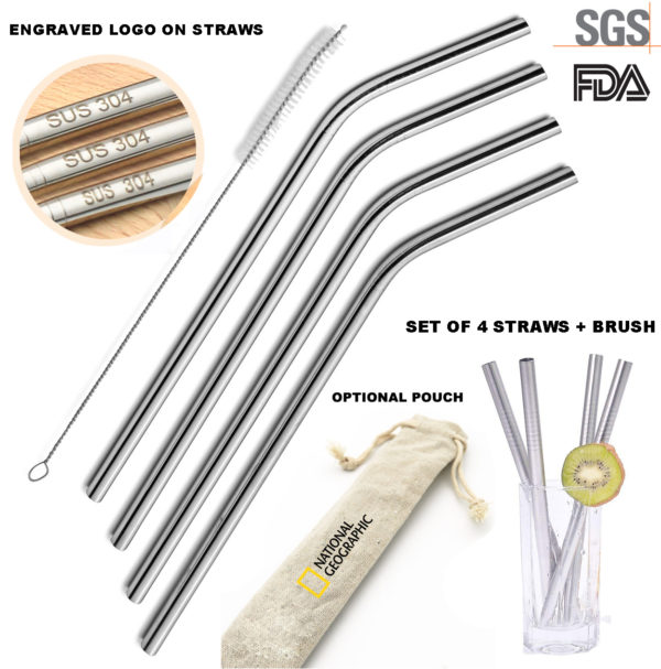 Set Of 4 Stainless Steel Drinking Straws And 1 Cleaning Brush In Gorgeous Jute Gift Pouch. SS3000