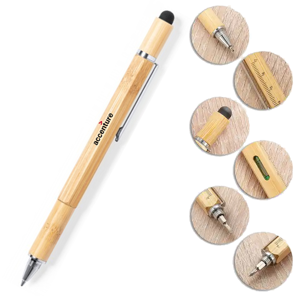 MultiPen: Custom Logo 6-in-1 Bamboo Multi-Tool Pen with Inch Scale. SP1954