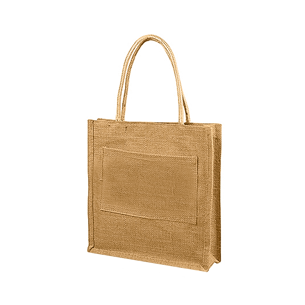 Natural Velcro Closure Jute Tote Bag W/ Front Pocket. JB7455