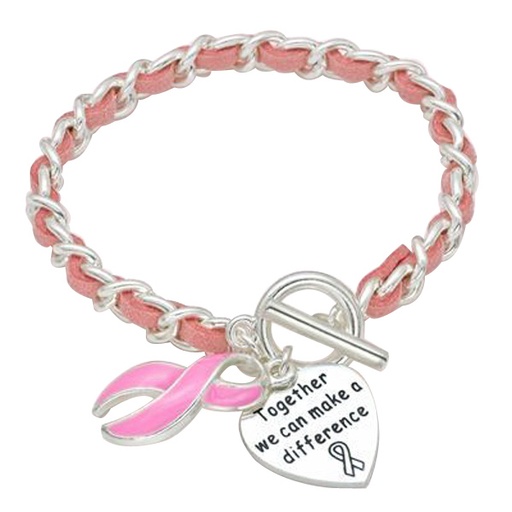 [BCA731] Breast Cancer Awareness Enamel Heart Charm Bracelet. BCA731