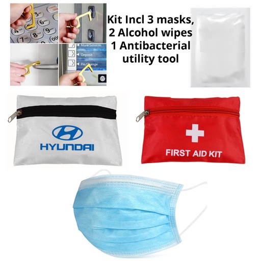 [CV3880] PPE Kit 3 Surgical Masks, 2 Alcohol Wipes, 1 No-Touch Opener Tool - Imprinted Pouch. CV3880