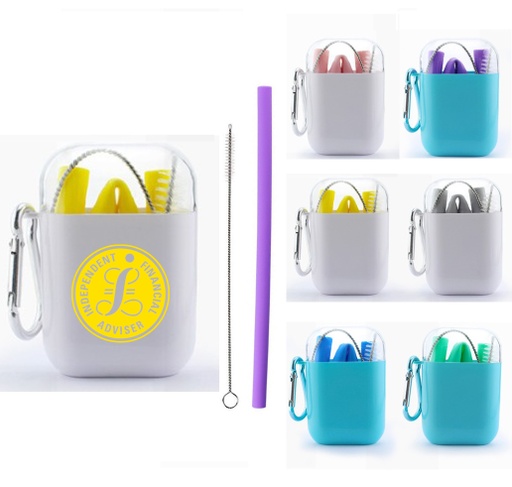 [SS4995] Collapsible Silicone Straw Set W/ Brush. Comes In Handy Case W/ Carabiner. SS4995