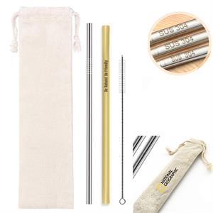 [BS6000] Set Of Stainless Steel Straw, Bamboo Straw, Cleaning Brush In Gorgeous Jute Gift Pouch. BS6000