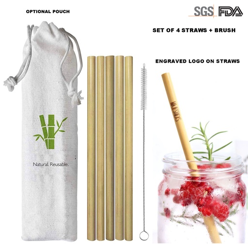 [BS4000] Set Of 4 Organic Bamboo Drinking Straws And 1 Cleaning Brush In Gorgeous Jute Gift Pouch. BS4000