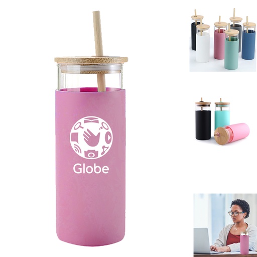 [WB1831] Nordic Glass Tumbler w/ Silicone Cover - 17oz w/ Bamboo Straw and Lid. WB1831