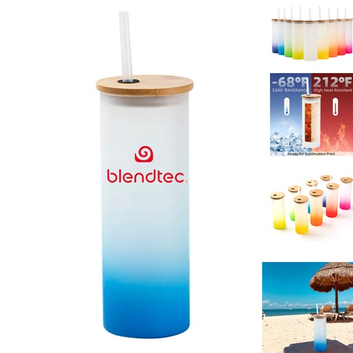 [WB8799] Gradient Frosted Glass Tumbler w/ with Straw & Bamboo Lid 17 oz. WB8799