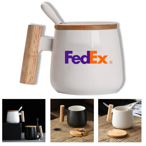 [AP1763] Woodland Mug - Porcelain Mug with Bamboo Lid, Spoon and Wooden Handle - 12oz. AP1763