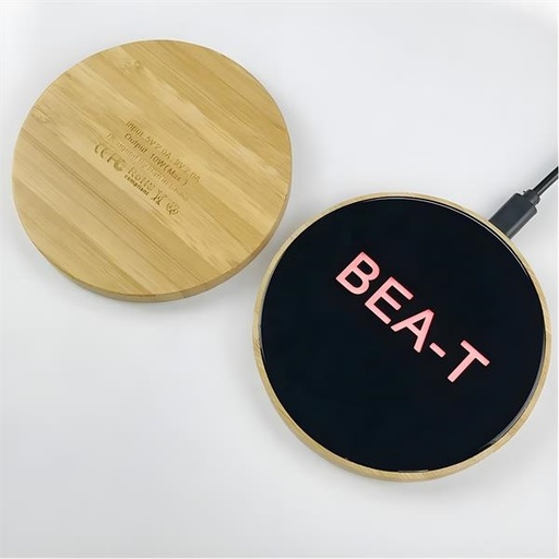 [LB4317] Custom Led Logo Wooden Bamboo Wireless Charger With Tempered Glass 15W. LB4317